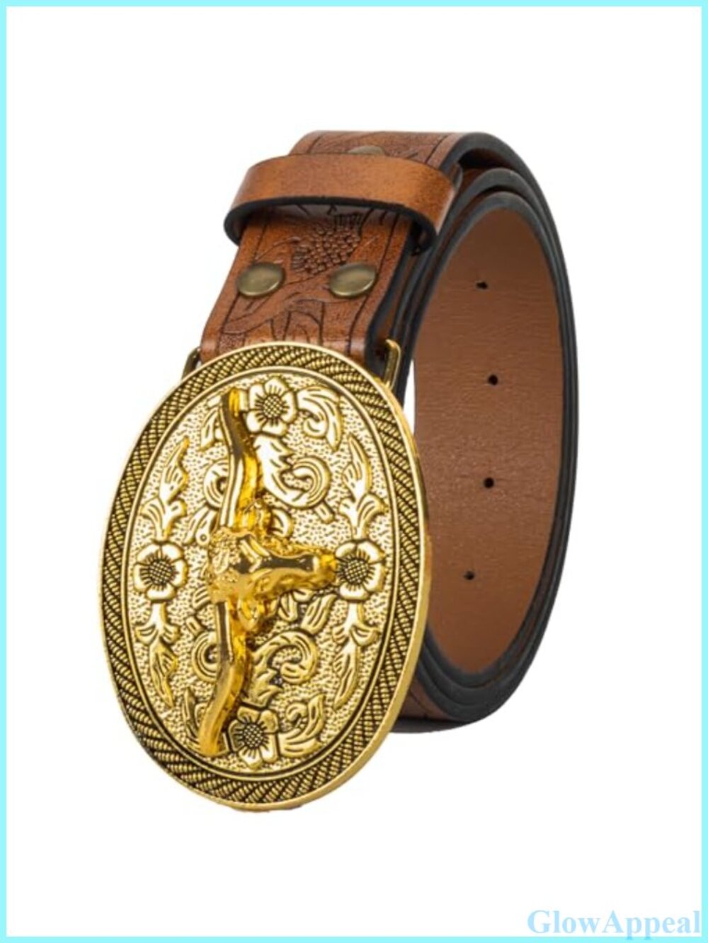 Western Cowboy PU Leather Belt Floral Engraved Waist Strap